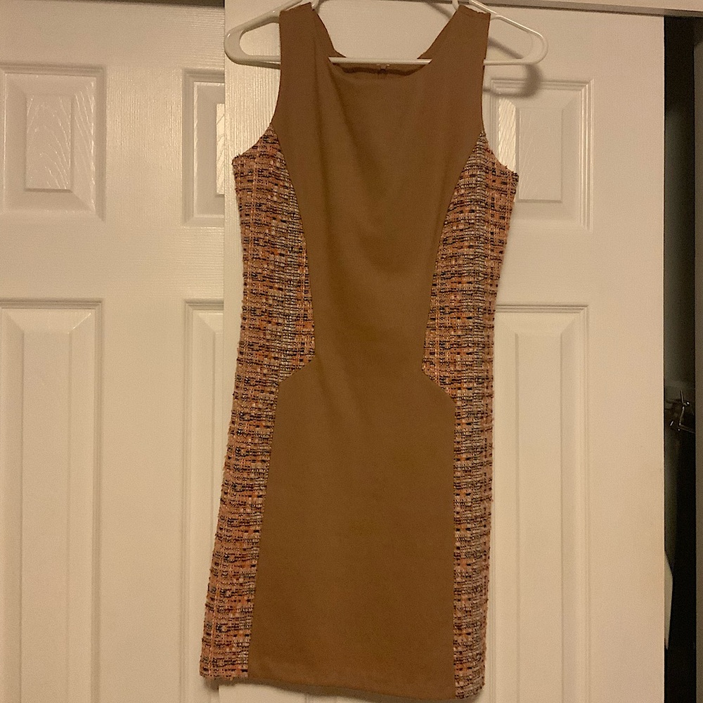 PinkyOtto tan / camel color dress with orange tweed detail size small